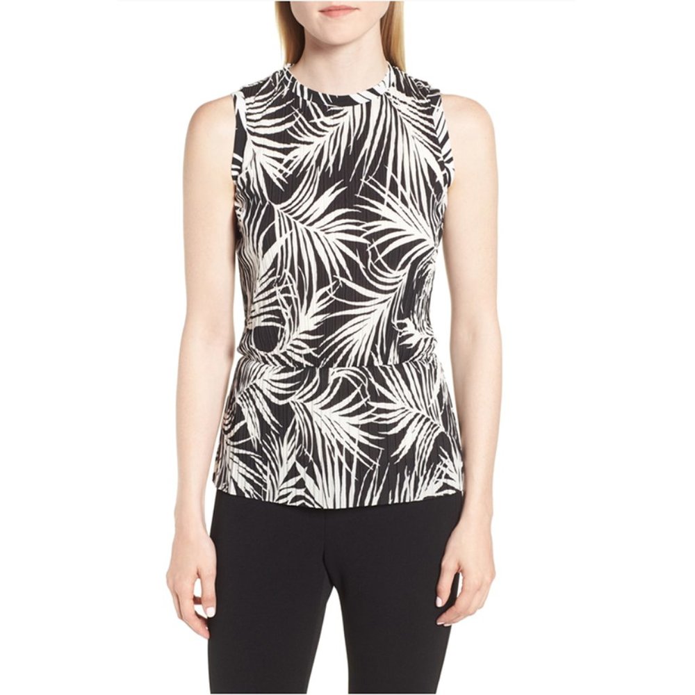 NEW Hugo Boss Emirna Pleated Palm Print Top Black